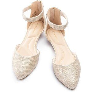 Women Gold Faux Leather Closed Pointed Toe Ankle Strap Low Wedge Heel Shoes